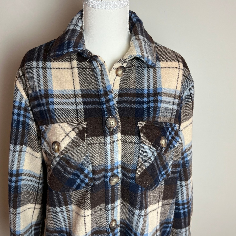 Bluenotes Plaid Shacket Women's S Blue Brown Cream Oversized Button Shirt Jacket